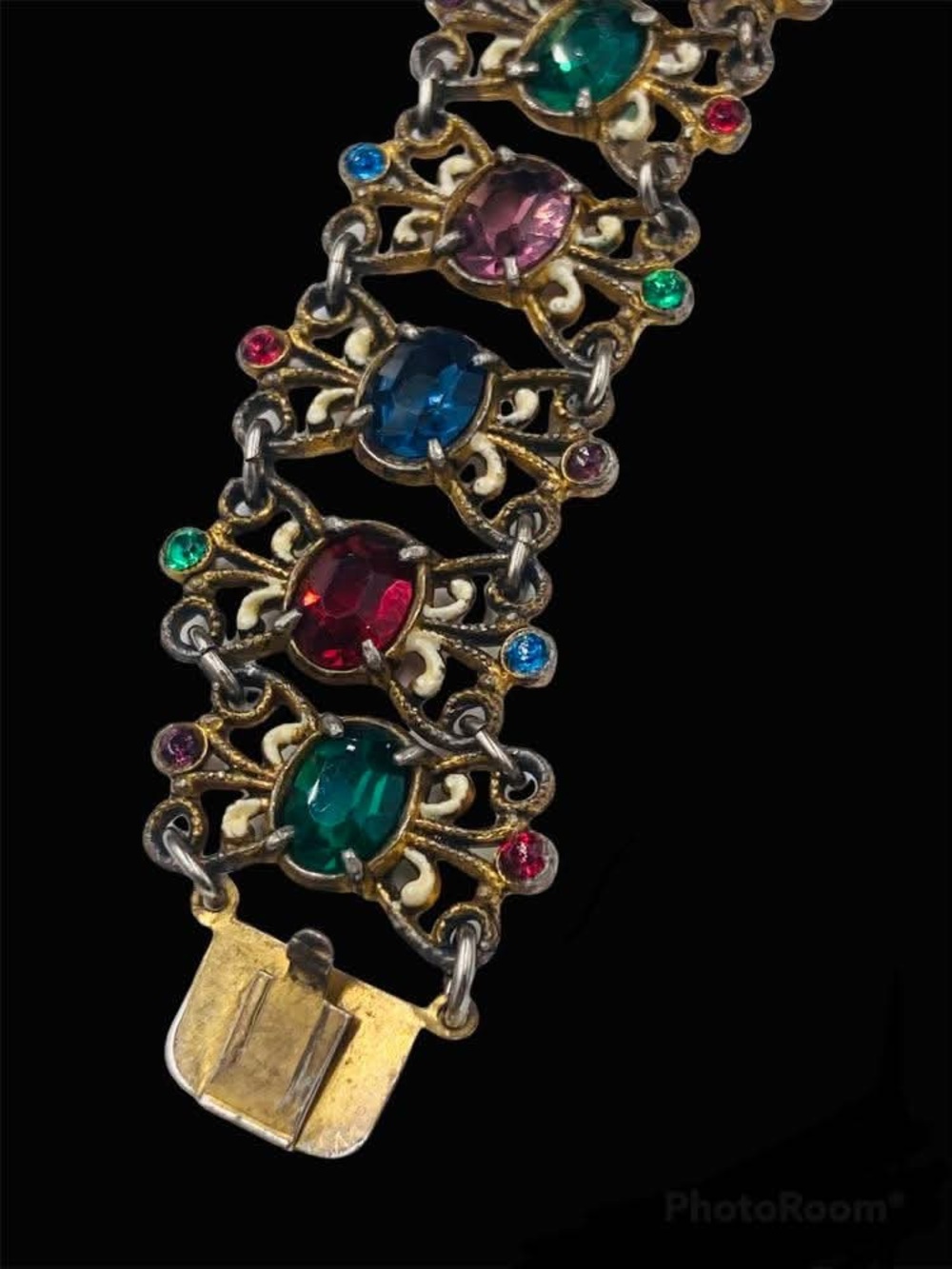 Antique 1930’s Czech Multi Color Oval Rhinestone Enamel Bracelet - Picture 5 of 9